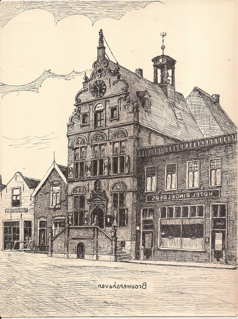 Brouwershaven Stadhuis en Hotel Ringelberg 1948 tekening S, Ophalen of Verzenden