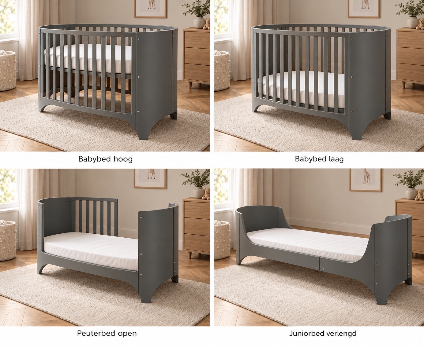 Leander Doorgroeibed 4-in-1: Babybed, Peuterbed, Juniorbed, Ophalen, Gebruikt, 70 tot 85 cm, Lattenbodem