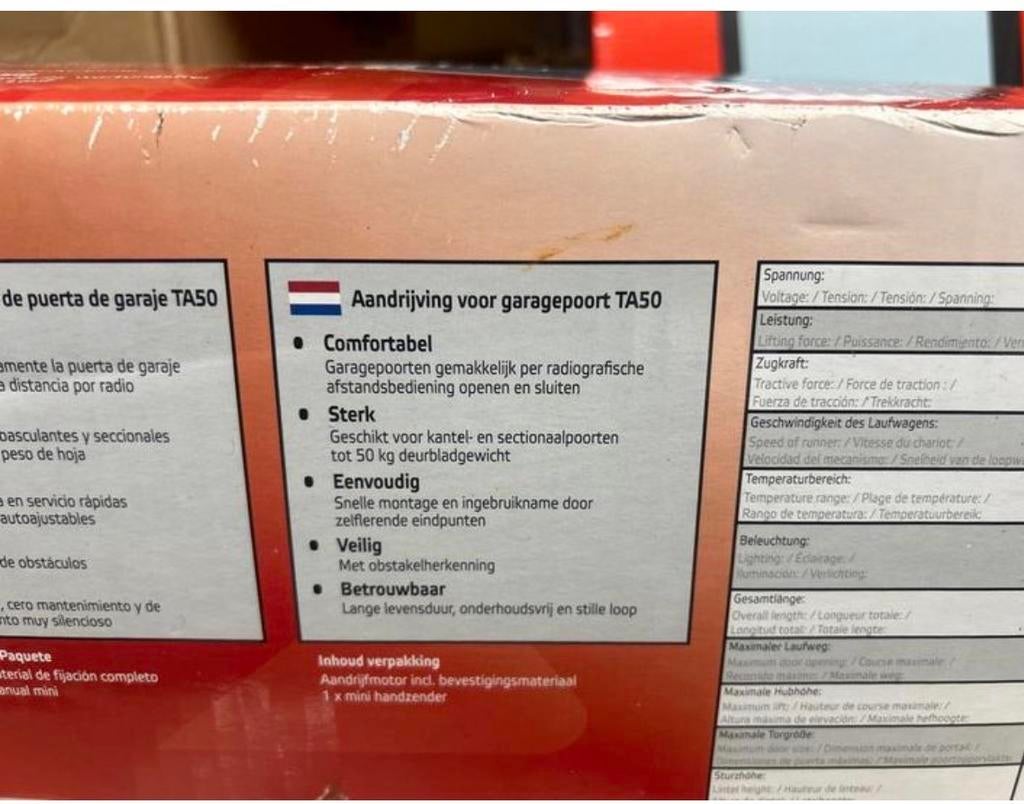 Garagedeuropener TA50 - Nieuw in doos, Ophalen, 80 tot 100 cm, Metaal, 200 tot 215 cm