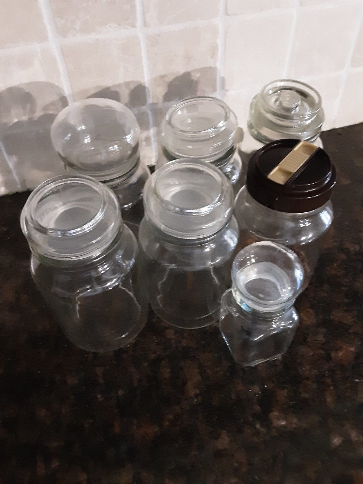 Mooie glazen voorraad potten 6  van 0.75 liter en een kleine, Ophalen of Verzenden, Glas, Pot, Bus of Blik