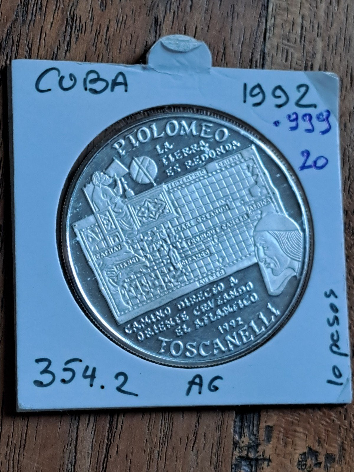 Cuba 10 pesos 1992 Ptolomeo en Toscanelli Proof, Ophalen of Verzenden, Midden-Amerika, Losse munt, Zilver