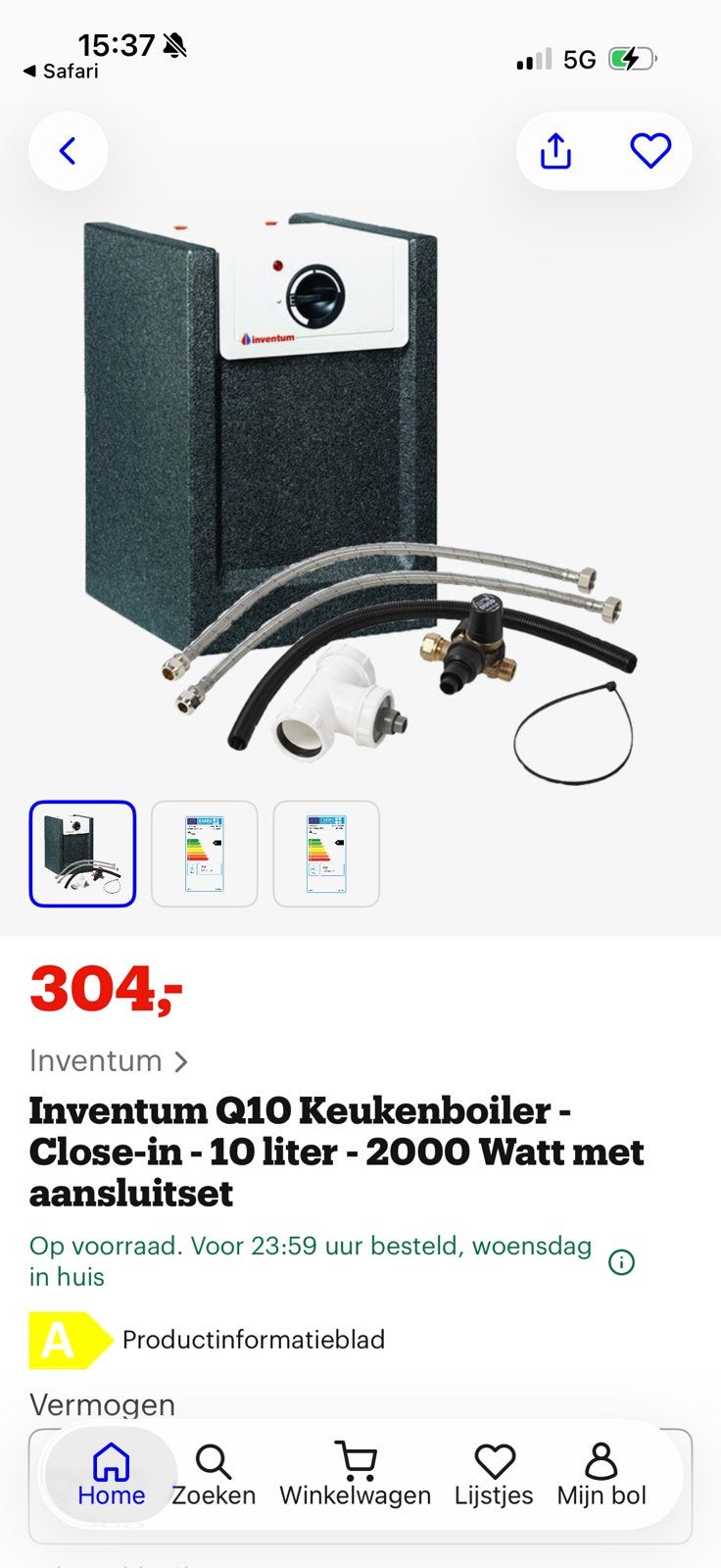 Inventum close in boiler Q10 2000 watt met aansluitset, Minder dan 20 liter, Boiler, Ophalen of Verzenden, Minder dan 3 jaar oud