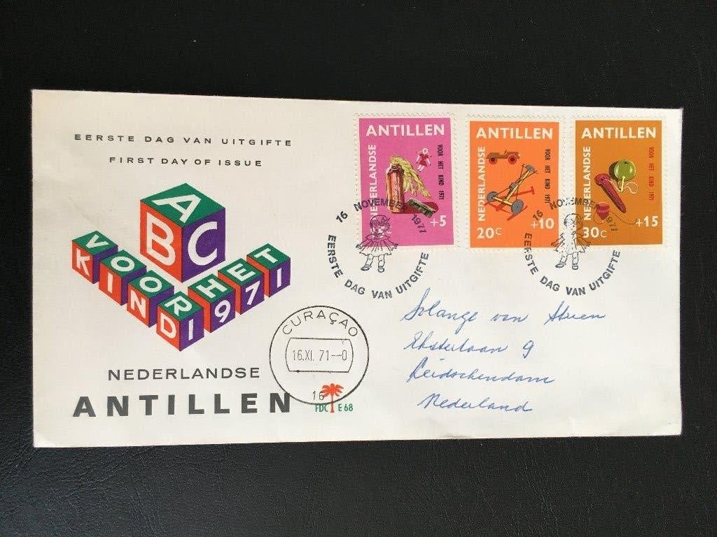 R4-E68 Antillen 1971 - FDC E68 - Kinderzegels - gelopen, Postzegels en Munten, Postzegels | Eerstedagenveloppen, Ophalen of Verzenden