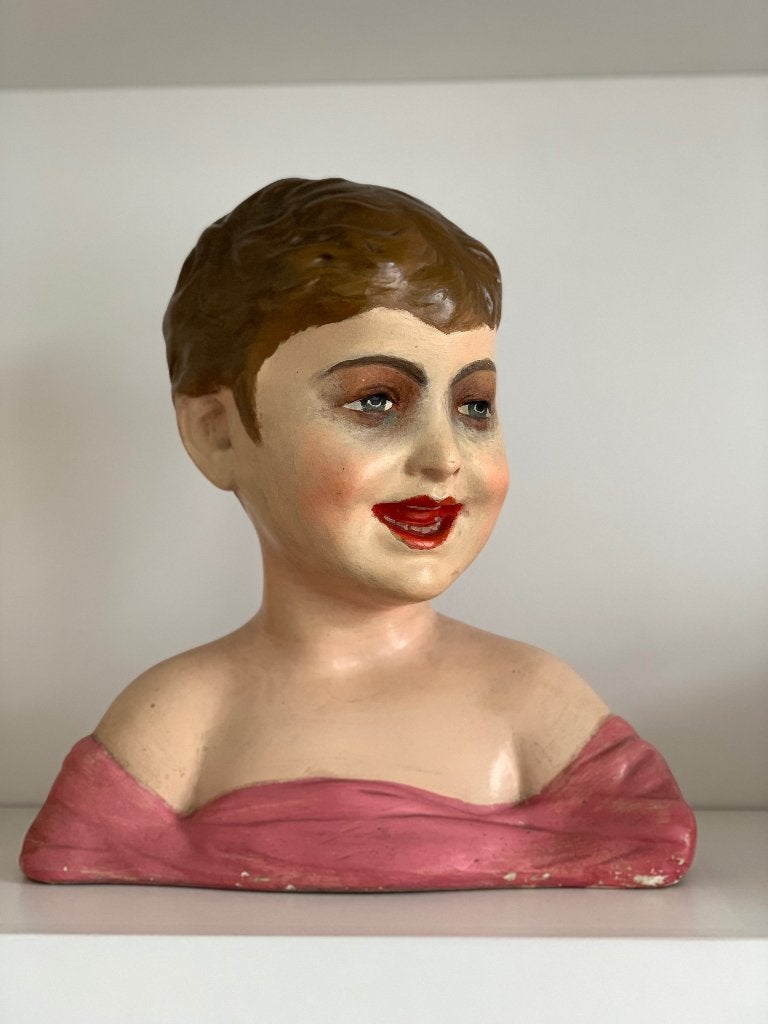 Antiek gipsen etalagebuste (ca. 1900) – handgeschilderd, Antiek en Kunst, Curiosa en Brocante, Ophalen of Verzenden