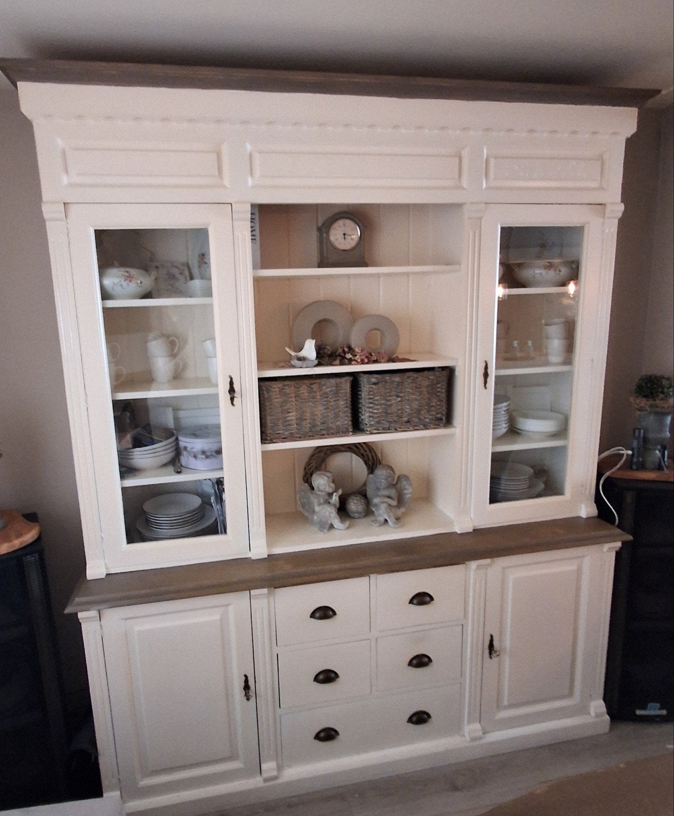 Prachtige landelijke buffetkast met vitrines en lades, Ophalen, 200 cm of meer, 150 tot 200 cm, Met lade(s)