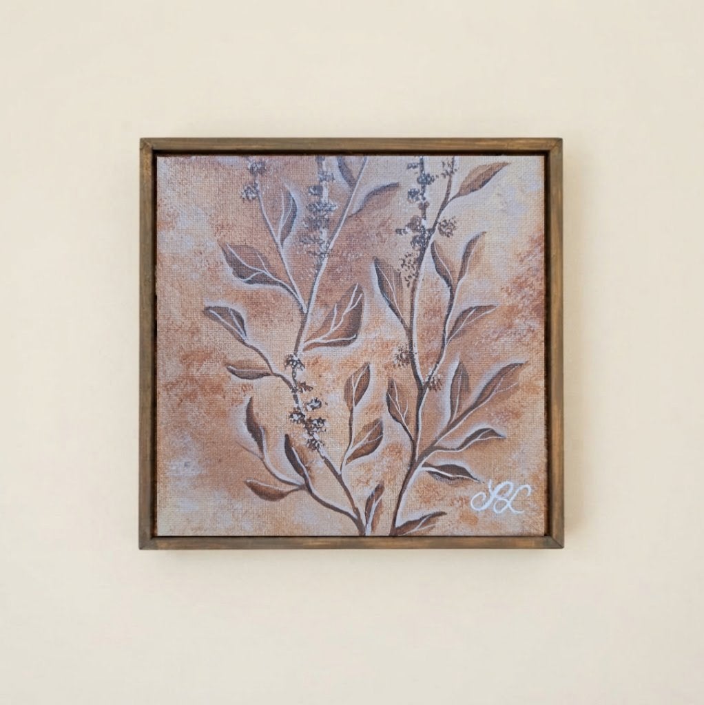 Hand-Painted Botanical Canvas Art (17x17cm), Bloemen, Acrylverf, Gesigneerd, Vintage