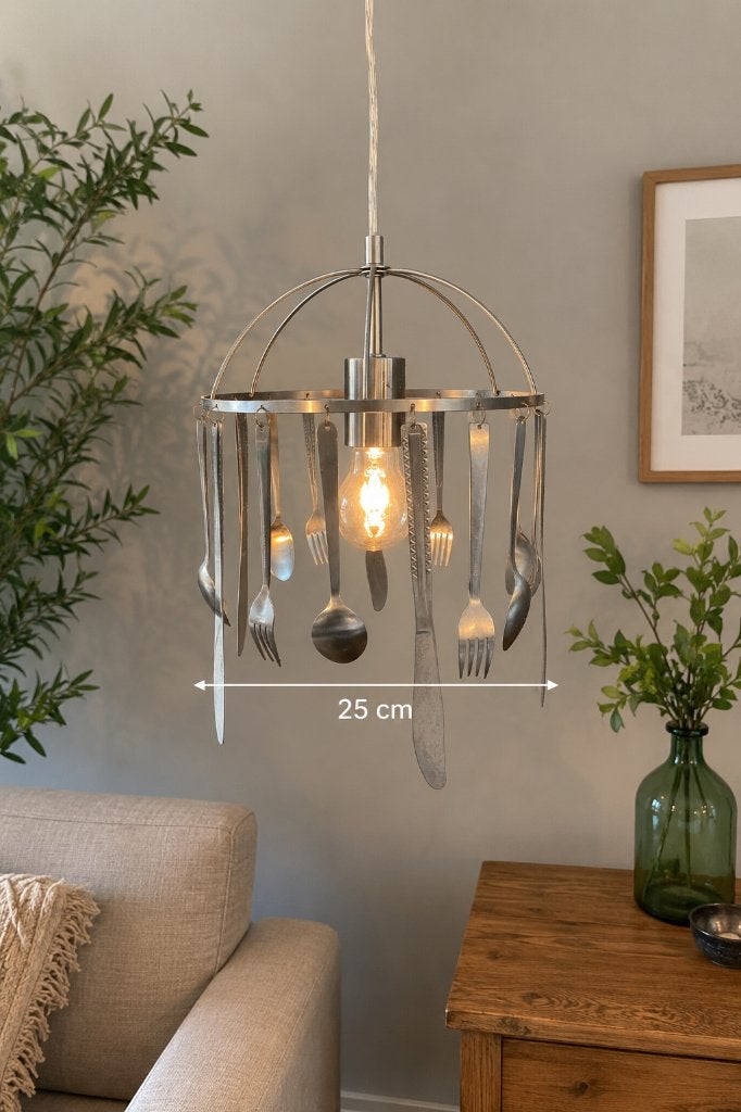 Unieke hanglamp van bestek, doorsnee 25 cm, Huis en Inrichting, Ophalen of Verzenden, Gebruikt, Metaal, Minder dan 50 cm