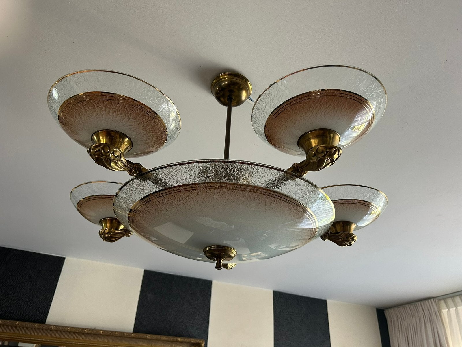 Origenele Art-Deco Hanglamp uit de jaren 30, Huis en Inrichting, Lampen | Hanglampen, Ophalen, Zo goed als nieuw, Glas, Art-Deco