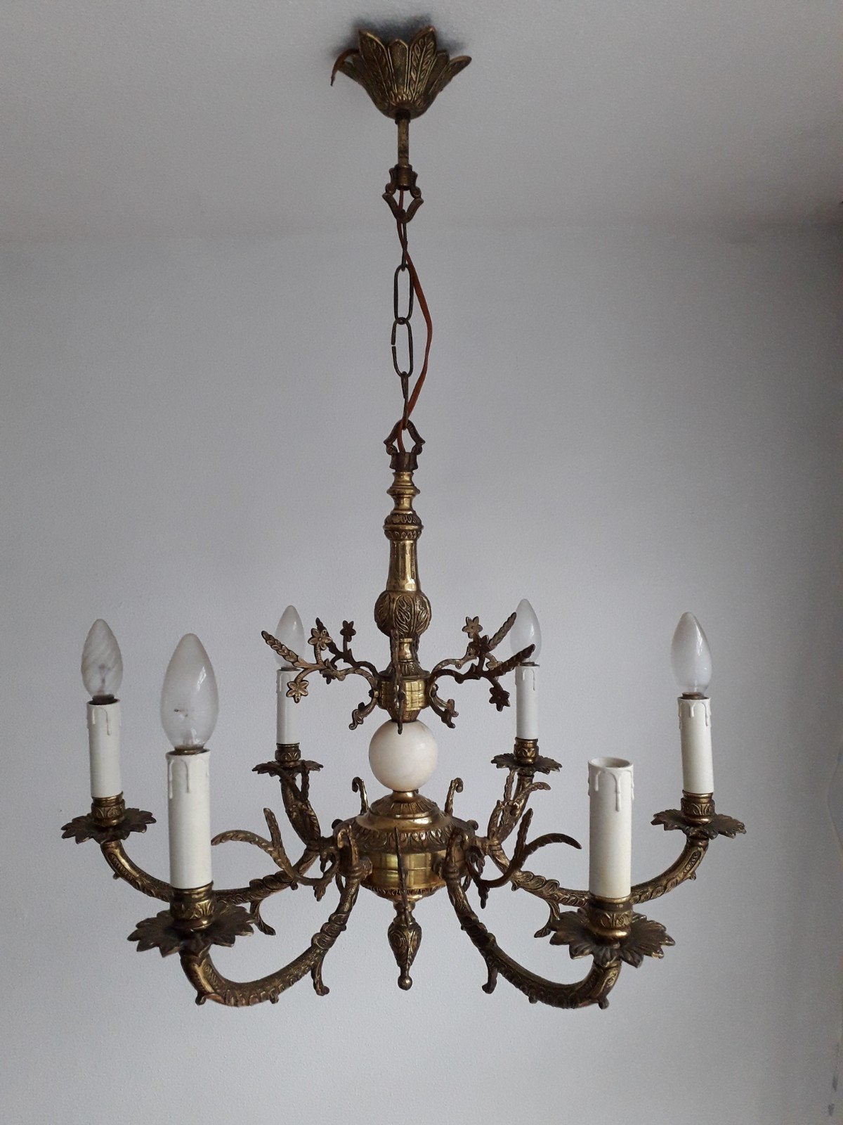 Antieke bronzen kroonluchter met 6 armen, Ophalen of Verzenden