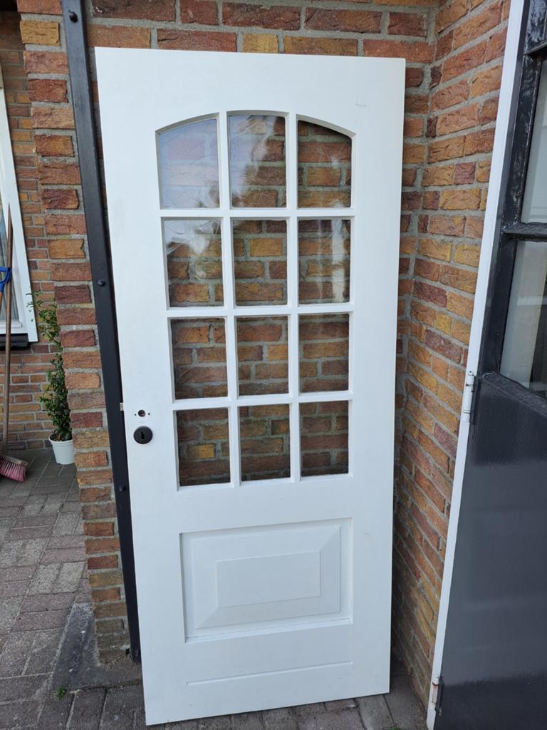 Witte hardhouten Binnendeur met Glaspanelen, Doe-het-zelf en Verbouw, Deuren en Horren, Ophalen, Binnendeur, Zo goed als nieuw