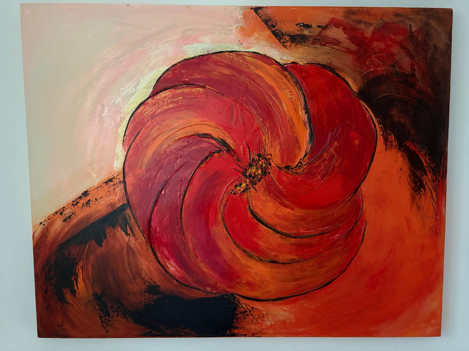 Abstract Rood en Oranje Bloem Schilderij, Antiek en Kunst, Kunst | Schilderijen | Abstract, Ophalen