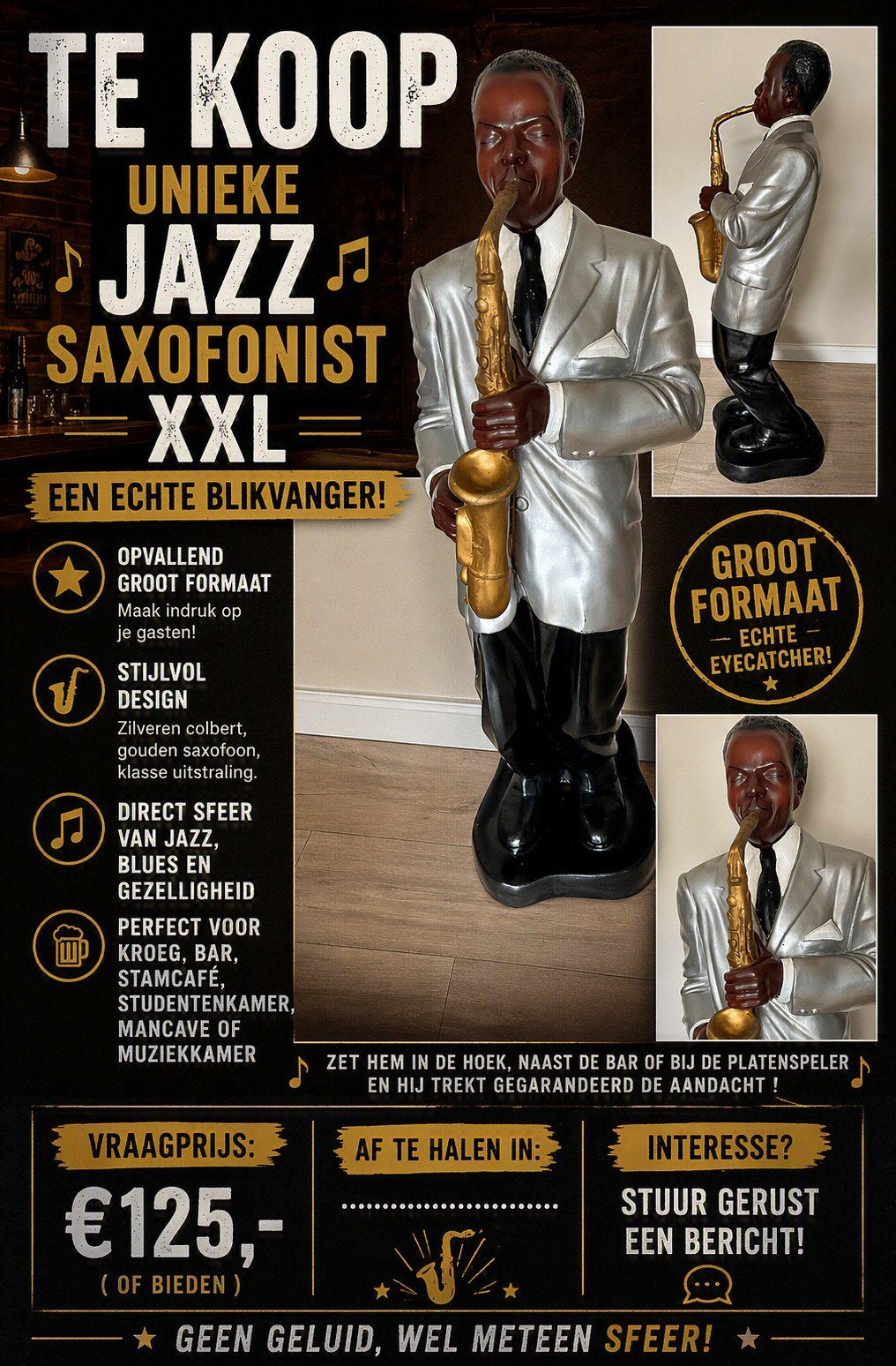 Groot beeld van saxofonist - Jazzmuzikant, Ophalen of Verzenden, Handgemaakt, 1 meter - 2 meter, Beeld