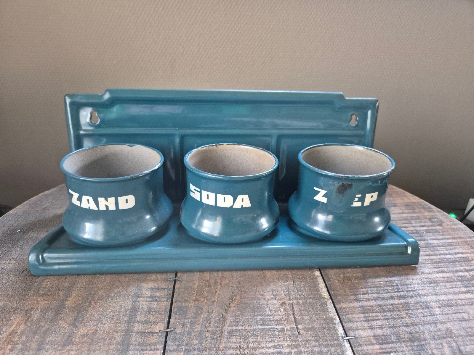 Petrol blauw emaille zand zeep soda set, Ophalen of Verzenden