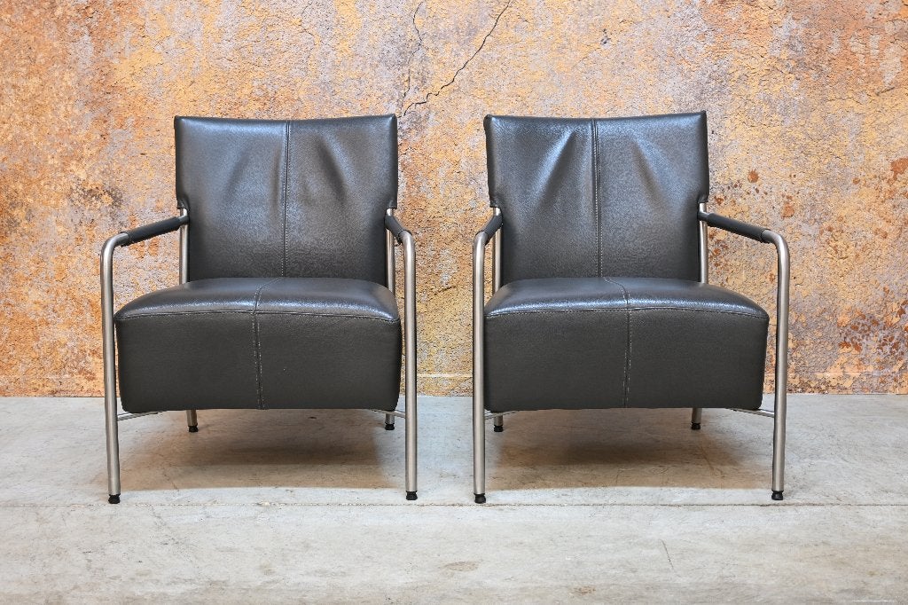 ZGAN! 2 grijze leren Bert Plantagie Class design fauteuils, 75 tot 100 cm, Ophalen of Verzenden, Zo goed als nieuw, Bert Plantagie