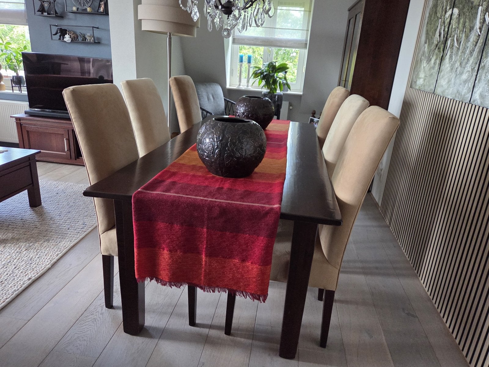 Elegante eettafel van kersenhout met 6 stoelen, Ophalen, Gebruikt, 50 tot 100 cm, 150 tot 200 cm