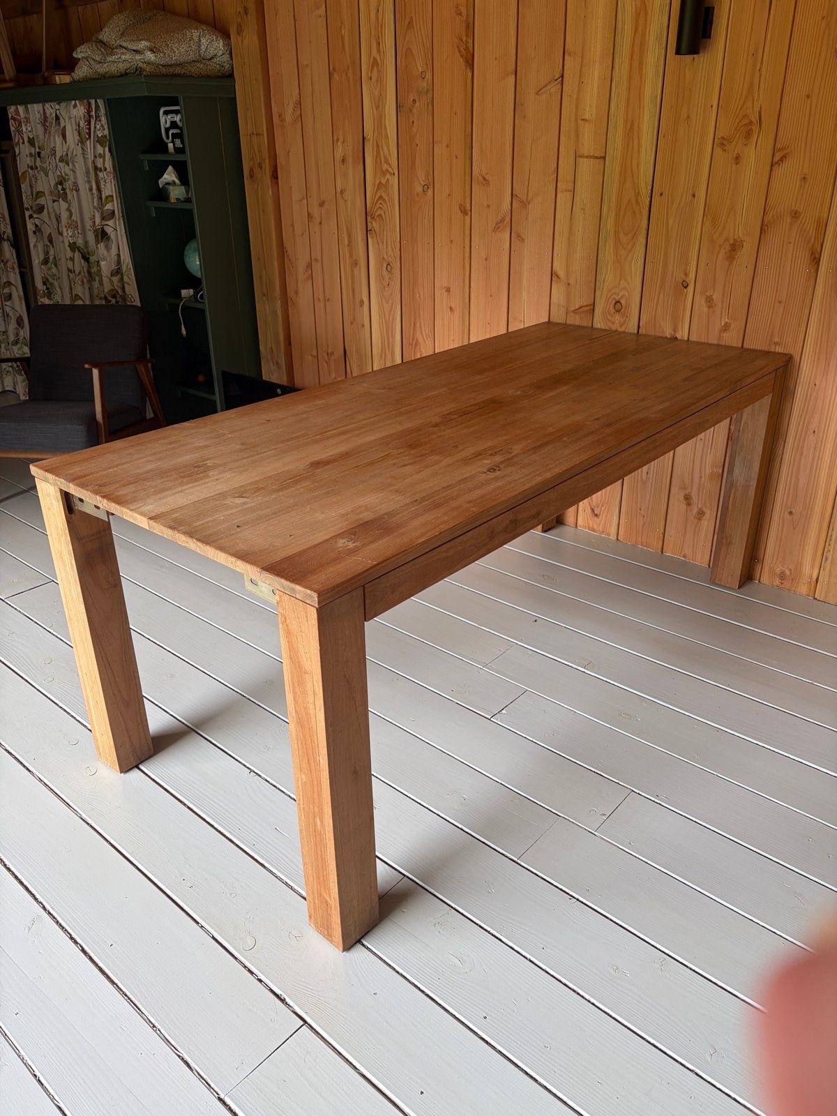 Teakhouten eettafel 200x90 cm, Ophalen, Gebruikt, Teakhout, 50 tot 100 cm
