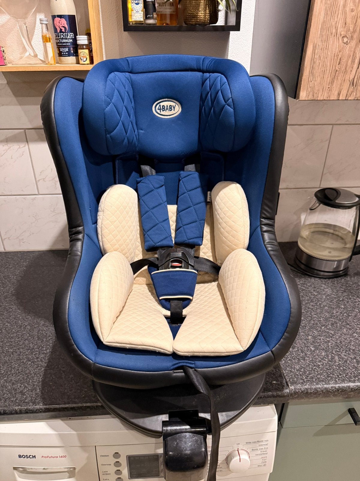 Keurige luxe autostoel, blauw beige, i-size, Verstelbare rugleuning, Zo goed als nieuw, 9 t/m 36 kg, Isofix