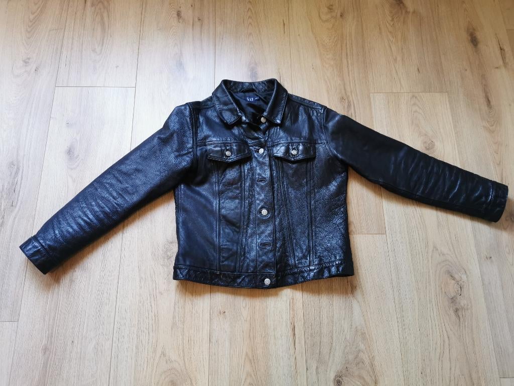Vintage truckerjasje GAP echt leer maat 38/40, Maat 38/40 (M), GAP, Zwart, Ophalen of Verzenden
