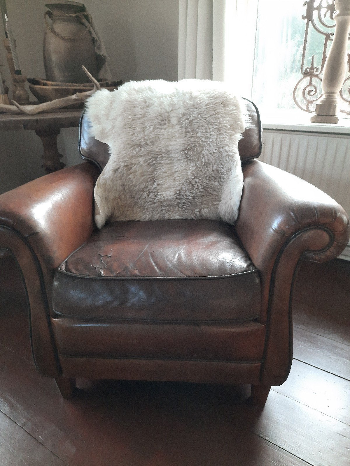 Oude leren fauteuil bruin stoel vintage industrieel, Ophalen, Gebruikt, 75 tot 100 cm, Leer