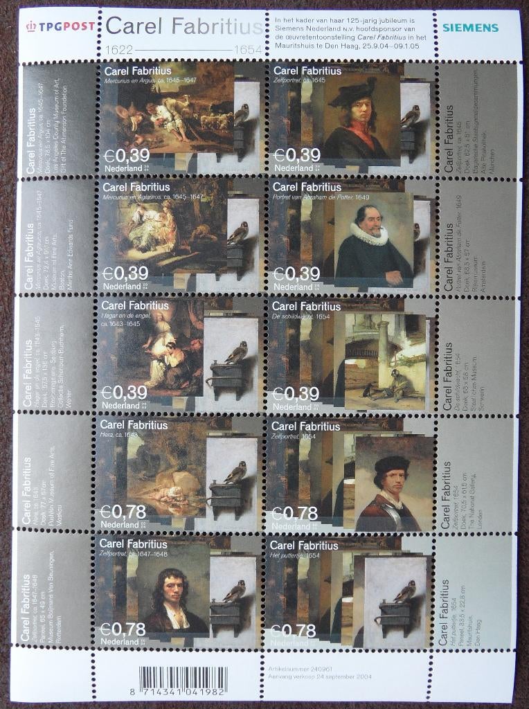 Velletje postzegels –  schilder Carel Fabritius, Postzegels en Munten, Postzegels | Nederland, Ophalen of Verzenden, Postfris
