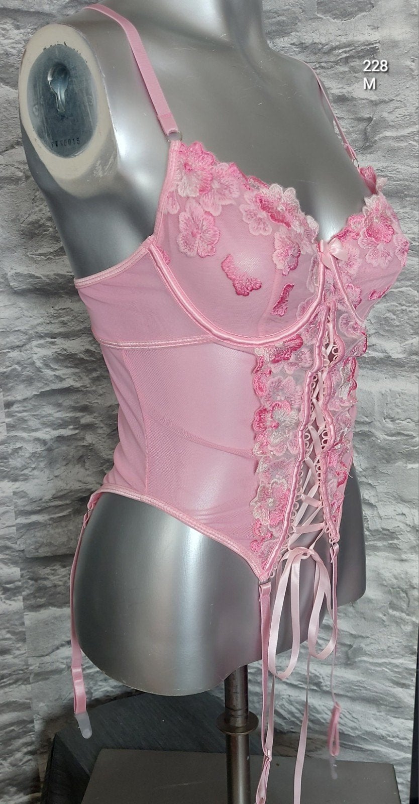Roze Body/Korset met Bloemen en Jarretels, Ophalen of Verzenden, Roze, Body of Korset
