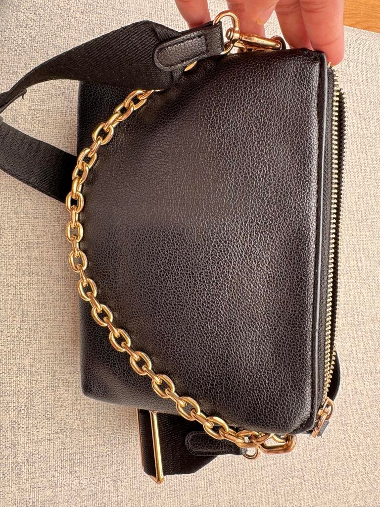 Zwarte schoudertas met gouden ketting, Ophalen, 80 tot 90 cm, Zwart, Tailleriem
