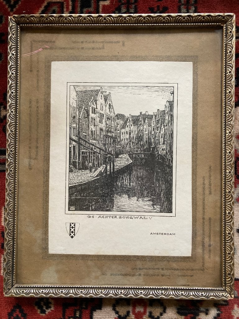 Achterburgwal Amsterdam ets, 26 cm, Ets, Stadsgezicht, Ophalen of Verzenden