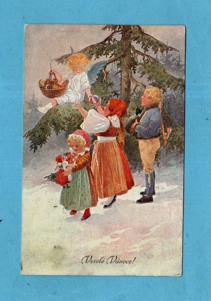 Mooie oude kerstkaart W505 - engeltje/kinderen/kado's  1920, Verzamelen, Ophalen of Verzenden, Voor 1920, Gelopen, Feest(dag)