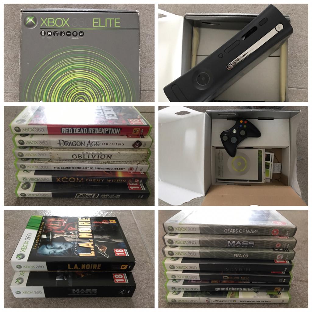 Xbox 360 Elite in doos compleet + 22 spellen, Spelcomputers en Games, Spelcomputers | Xbox 360, Zo goed als nieuw, 120 GB, 360 Elite of Super Elite