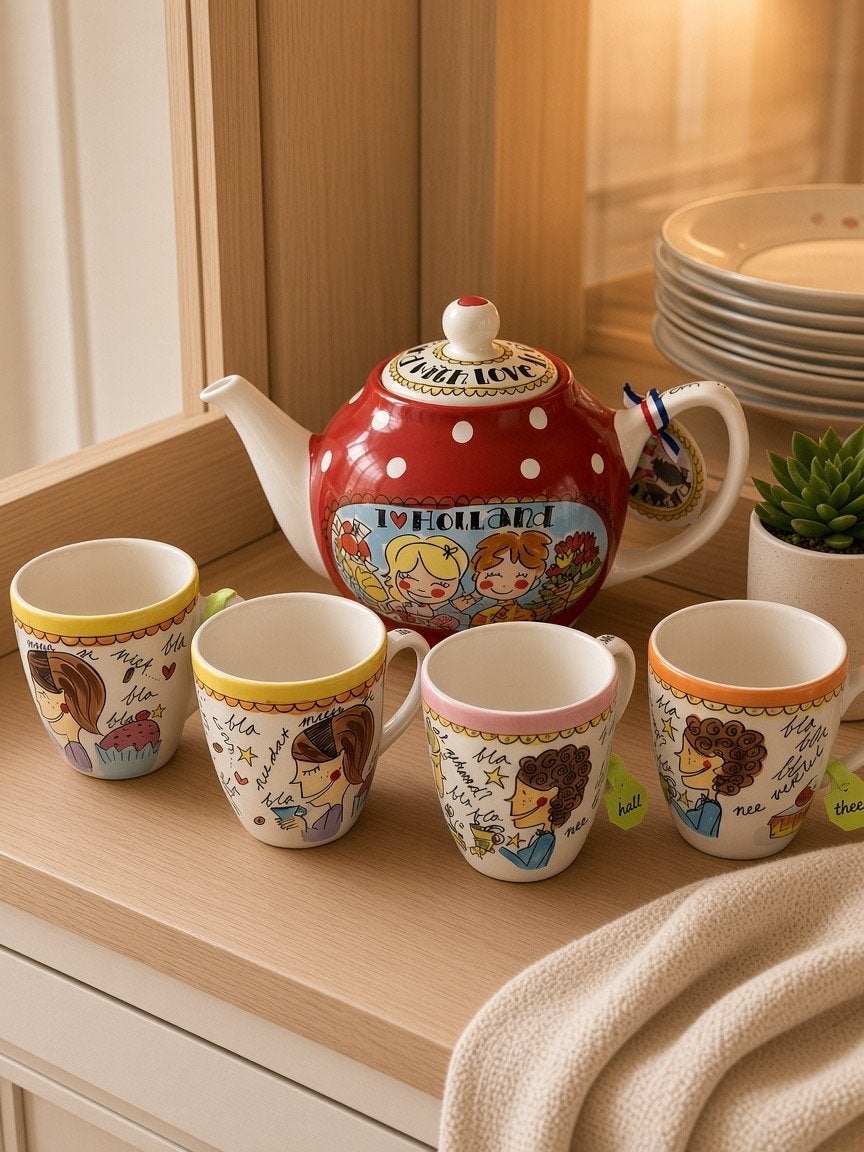 Blond Amsterdam I Love Holland theepot met 4 mokken, Ophalen, Keramiek, Nieuw, Theepot