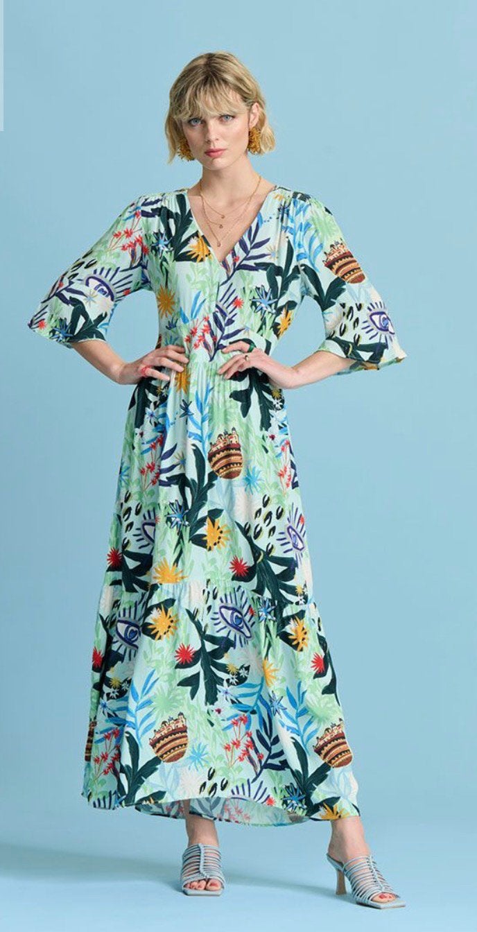 Pom Amsterdam Liv Botanical blue jurk maat 34 valt als 36/S, Blauw, Ophalen of Verzenden, Zo goed als nieuw, Maat 36 (S)