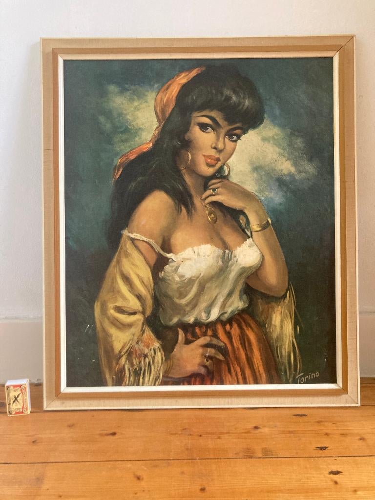 Groot Carmen Torino klassiek zigeunermeisje camp schilderij, 50 tot 75 cm, Ophalen of Verzenden, Zo goed als nieuw, Schilderij