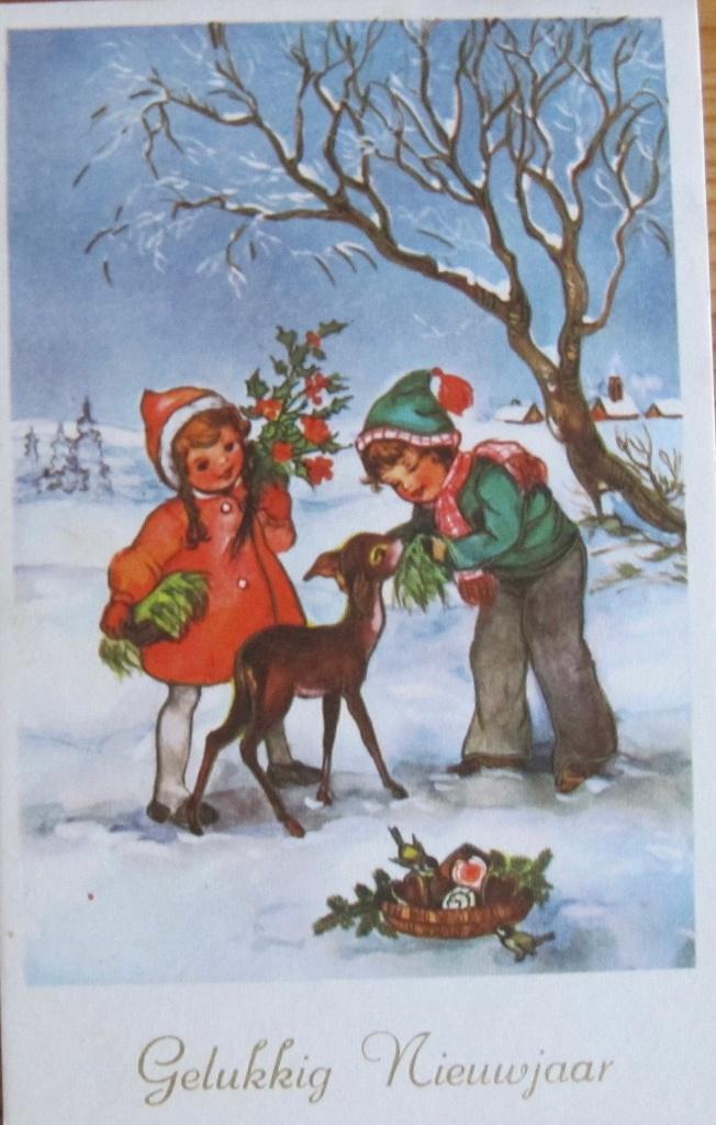Gelukkig Nieuwjaar - jongen en meisje voeren hert - 1962, Verzenden, 1960 tot 1980, Gelopen, Overige thema's