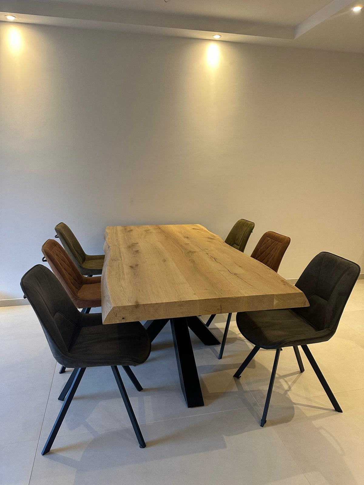 Massief Eiken eettafel + 6 eetkamerstoelen, Ophalen, Gebruikt, 100 tot 150 cm, Eikenhout