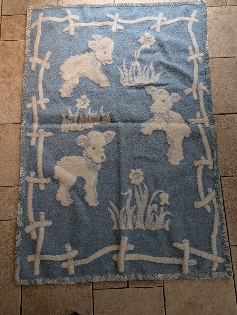 Vintage baby Wieg deken Babydeken Lammet schaap Good Night, Ophalen of Verzenden, Gebruikt, Blauw, Deken