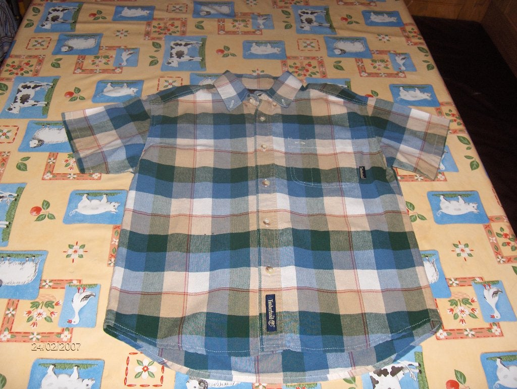Breed blauw groen katoenen overhemd TIMBERLAND mt 128 prima, Gebruikt, Timberland, Overhemd of Blouse, Ophalen of Verzenden