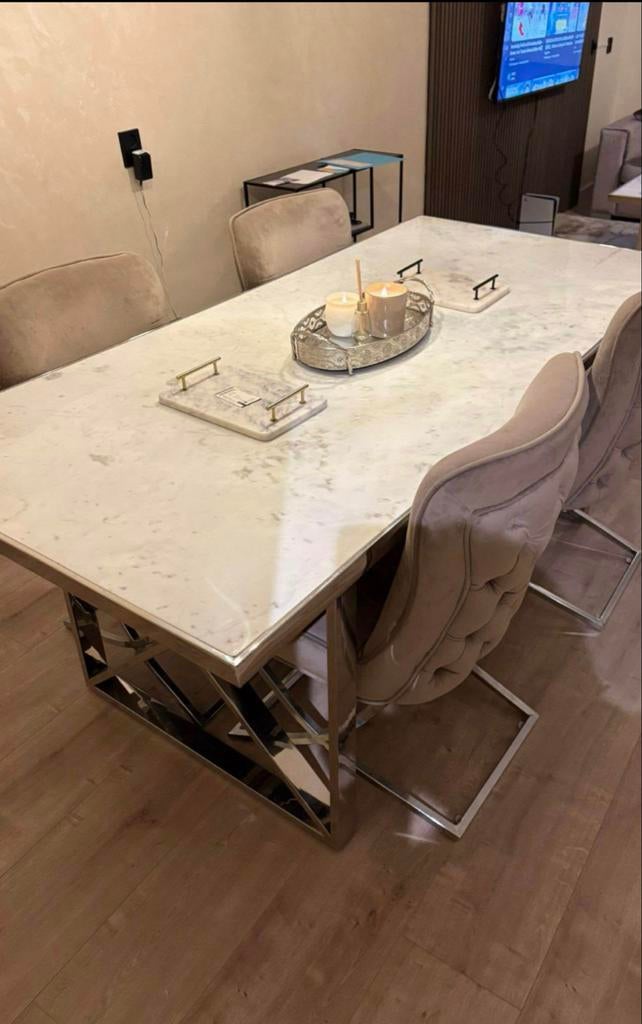 Marmeren meubelset eettafel sallon tafel en tv meubel, Ophalen, 100 tot 150 cm, Zo goed als nieuw, Vier personen