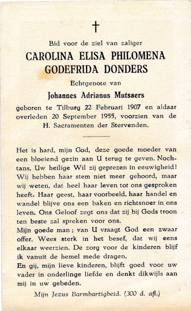Donders Carolina 1907 Tilburg 1955, Ophalen of Verzenden, Bidprentje