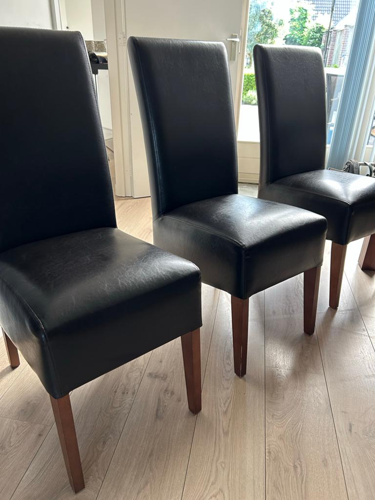Set van 6 donker bruine leren eetkamerstoelen, Huis en Inrichting, Stoelen, Gebruikt, Bruin, Klassiek, Leer