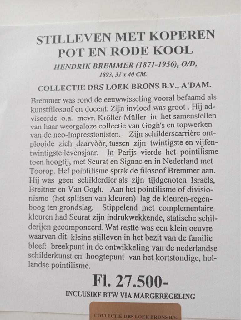 Hendrik Bremmer Stilleven met koperen pot en rode kool foto, Antiek en Kunst, Ophalen of Verzenden