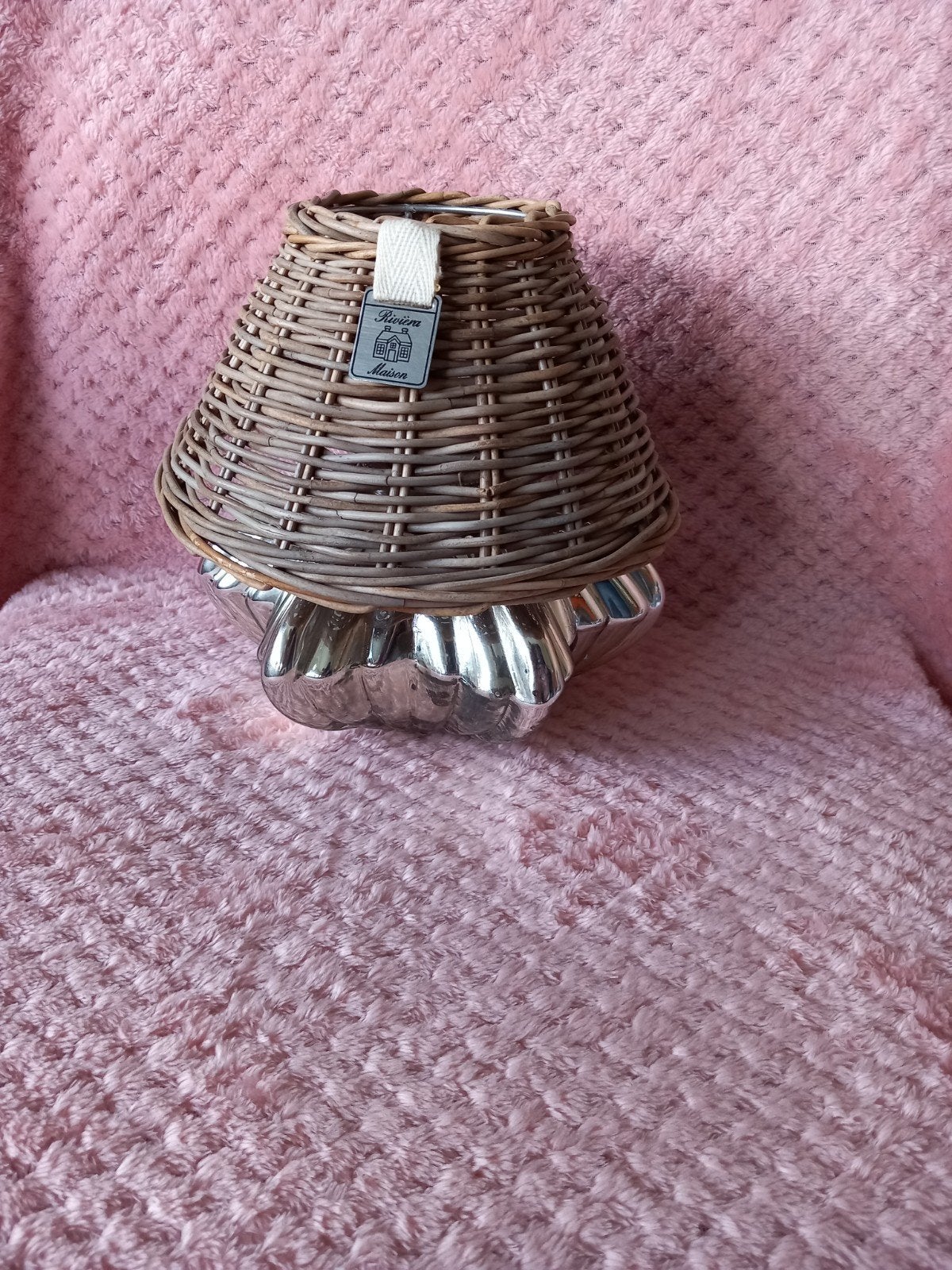 ️Rivièra Maison Candleholder, rieten lampenkap + windlicht, Gebruikt, Tafellamp, Ophalen of Verzenden, Hout