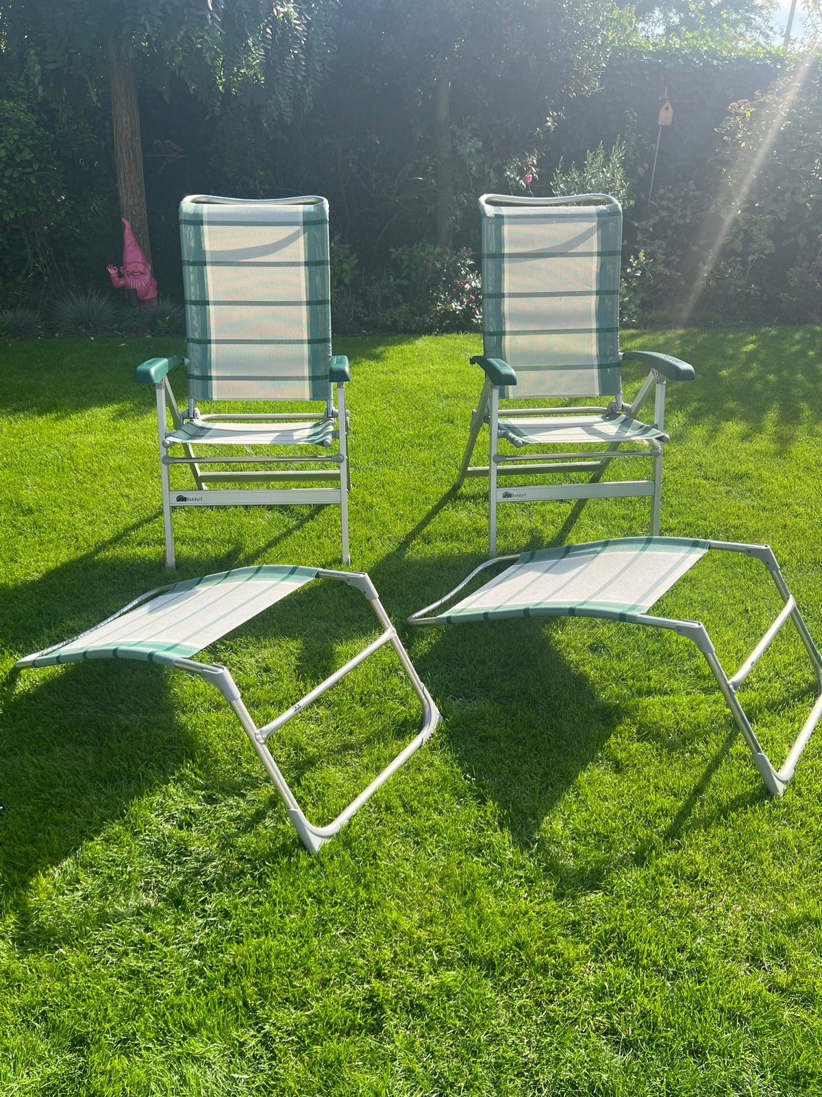 2 Dukdalf campingstoelen met voetenbankjes, Tuin en Terras, Ophalen, Zo goed als nieuw, Aluminium, Inklapbaar
