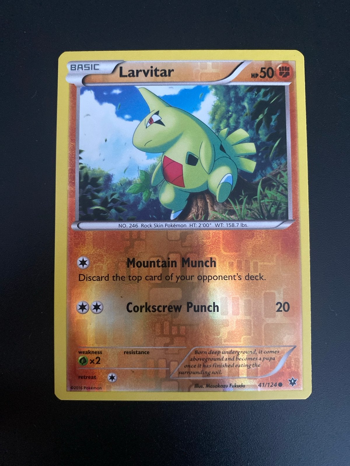 Larvitar 41/124 Rev. Holo XY Fates Collide (2016) NM!, Ophalen of Verzenden, Zo goed als nieuw, Losse kaart, Foil
