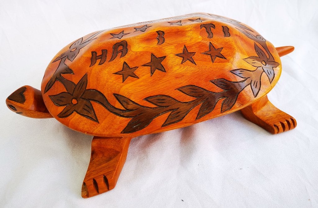 Vintage gesneden houten schildpad opbergdoos kunstwerk Haiti, Ophalen of Verzenden