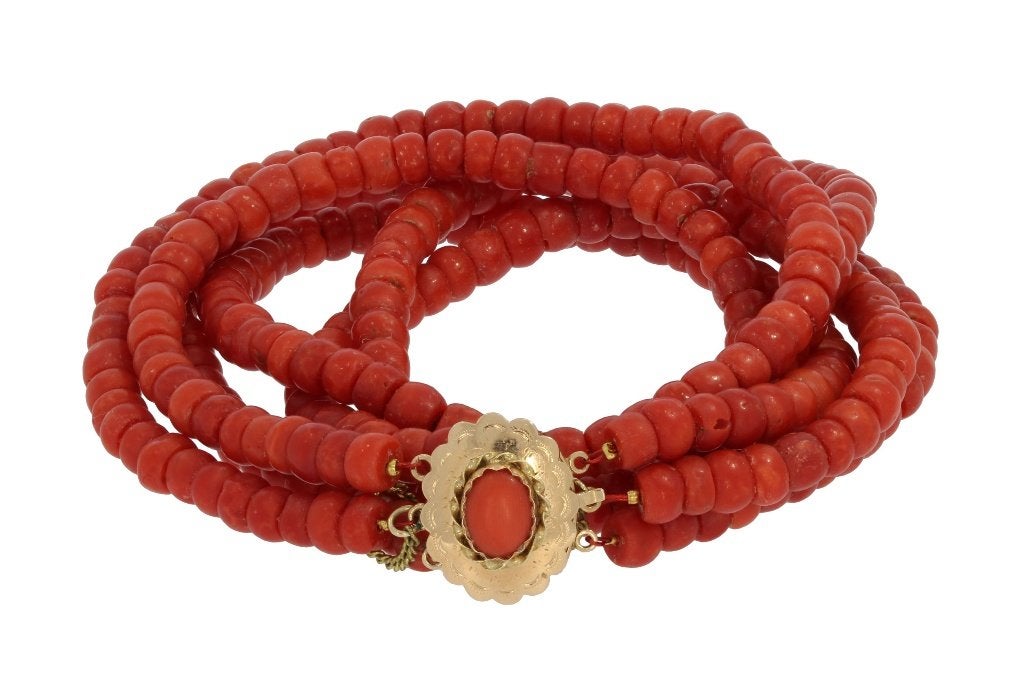 Bloedkoraal antieke ketting dieprood 14k slot goud fraai, Verzenden, Goud, Ketting, Met edelsteen
