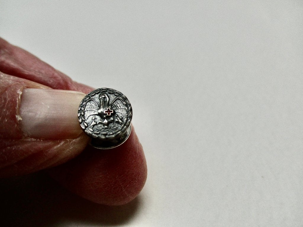 Zilverkleur pin van het RODE KRUIS ovaal model afb Pelikaan, Verzenden, Zo goed als nieuw, Overige onderwerpen, Speldje of Pin