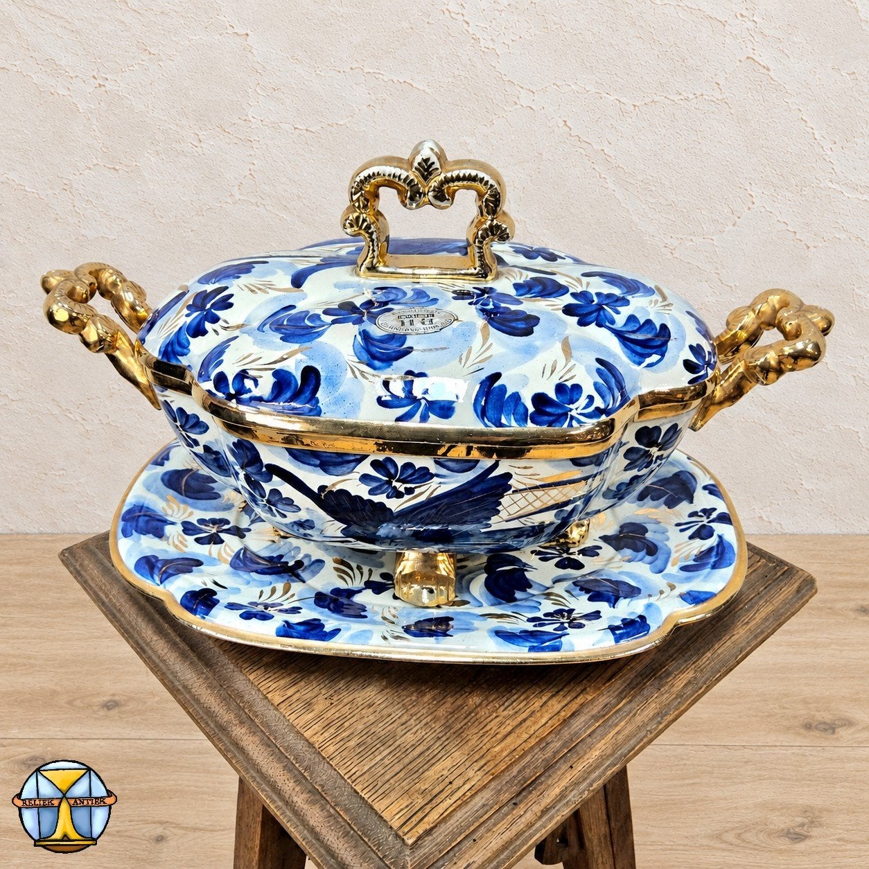 Vintage Bonbonniere H.Bequet blauw vogels handbeschilderd, Ophalen of Verzenden