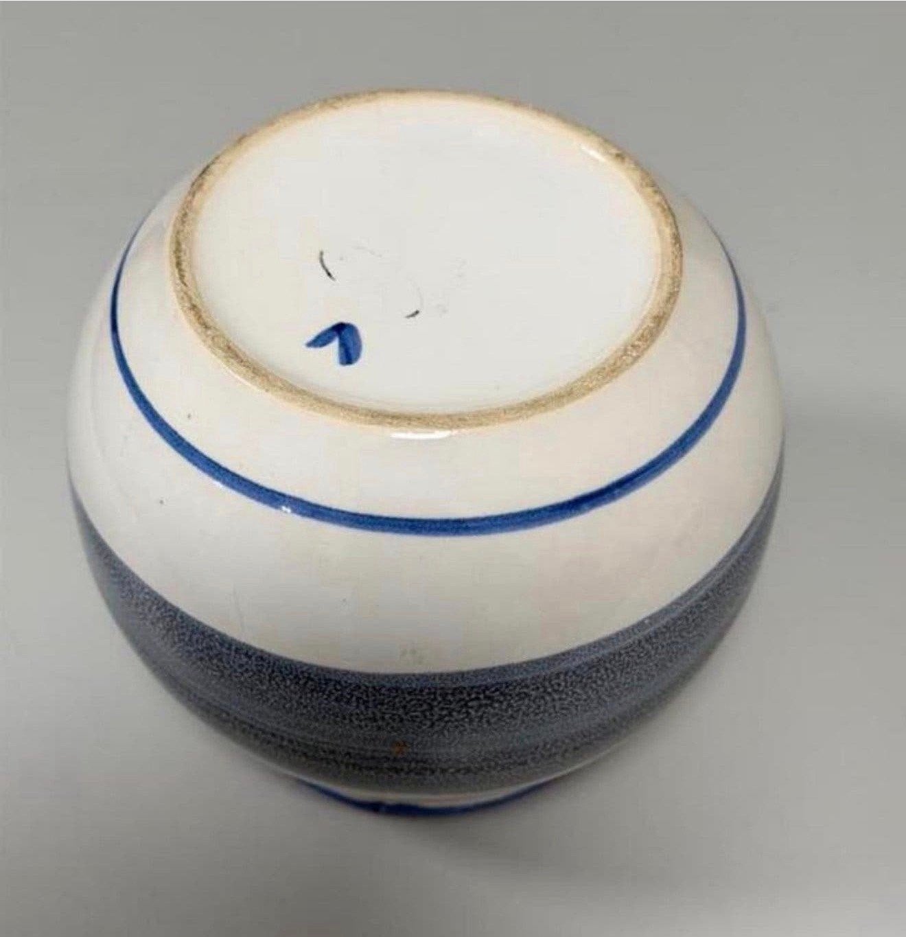 Keramische vintage ronde bloempot schaal wit blauw rond 15cm, Ophalen of Verzenden