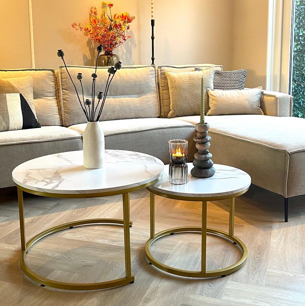 Foto 3 van Salontafel Rond Goud met Marmer Look 70ø &50ø