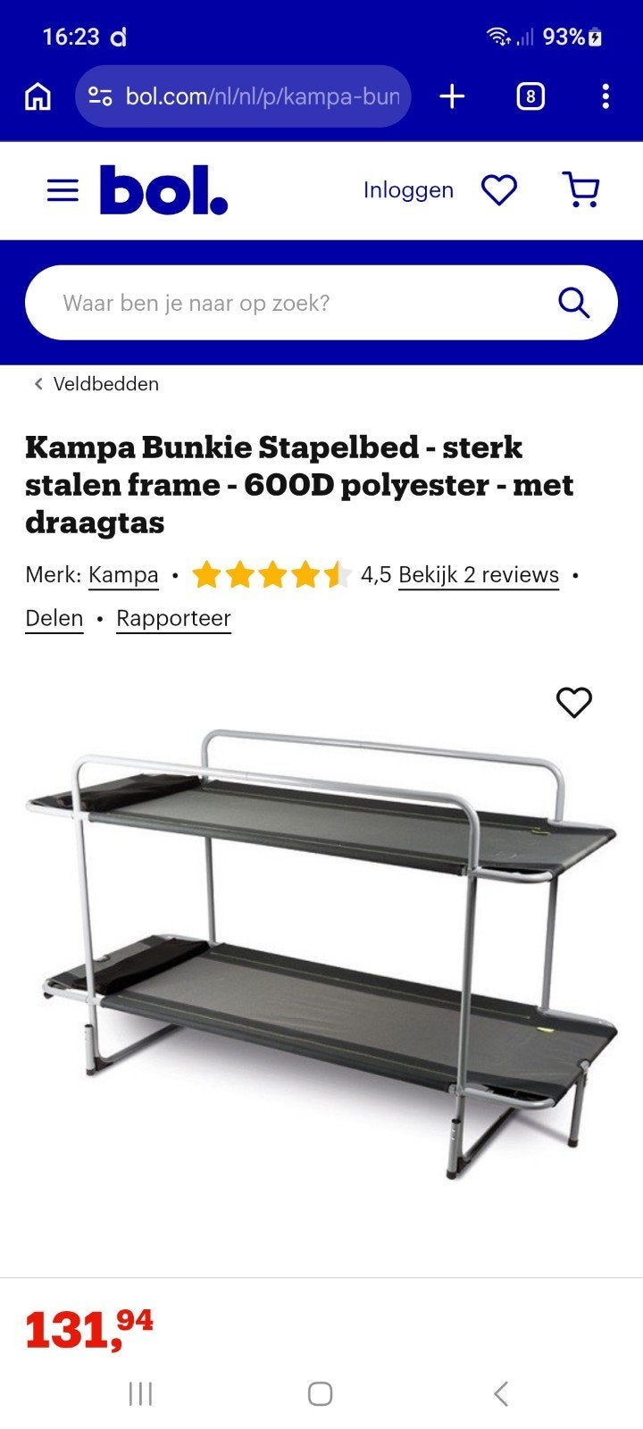 Kampa Bunkie Stapelbed, Ophalen